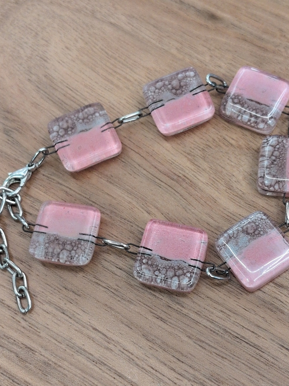 Pink Grey Glass Tile Link Bracelet